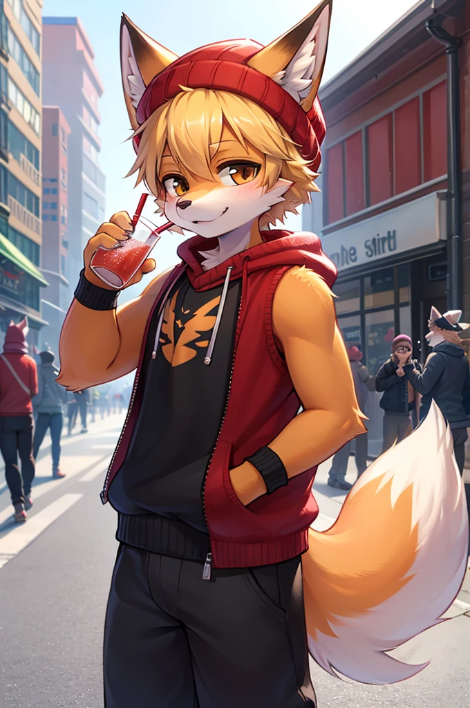 Furry,Fox,boy,8k resolution,Highest quality, Street style clothing,Knitted hat,I have a drink in my hand