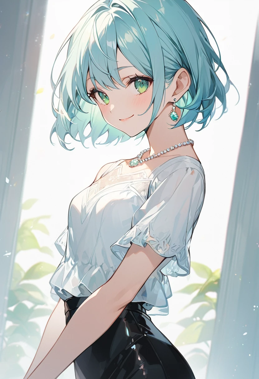 Light blue hair、Short Bob、Deep green eyes、Small breasts、Age 25、White short-sleeved blouse、Black tight skirt、Pearl Pendant、Pearl Earrings、smile、side shot