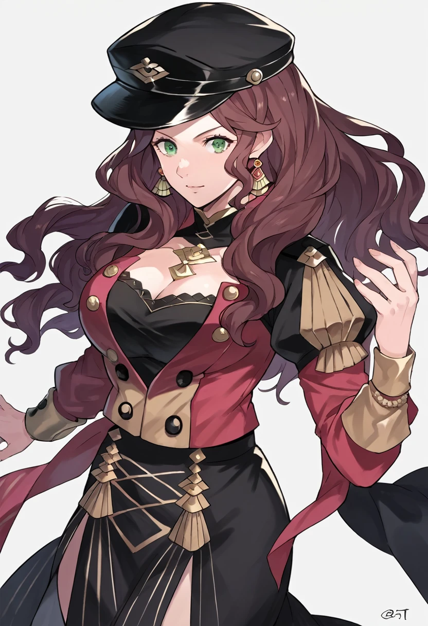 score_9, score_8_up, score_7_up, source_anime, Dorothea (Fire Emblem), mldortgm, black headwear, black skirt, black uniform, brown hair, dangle earrings, gold trim, green eyes, jewelry, large breasts, long hair, black peaked cap, black hat