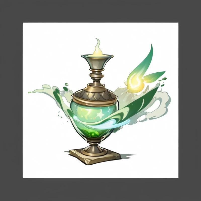 Cartoon image of a lamp， , Concept Art Magic Highlights, Fantasy concept art, potion of healing, alchemy concept, A bottle of health potion, Magic Glass Container Graphics, Magic Items, holy fire spell art, Glowing Concept Art, Fantasy game spell symbols, Magic Items, powder, Magical glowing skin, Official concept art