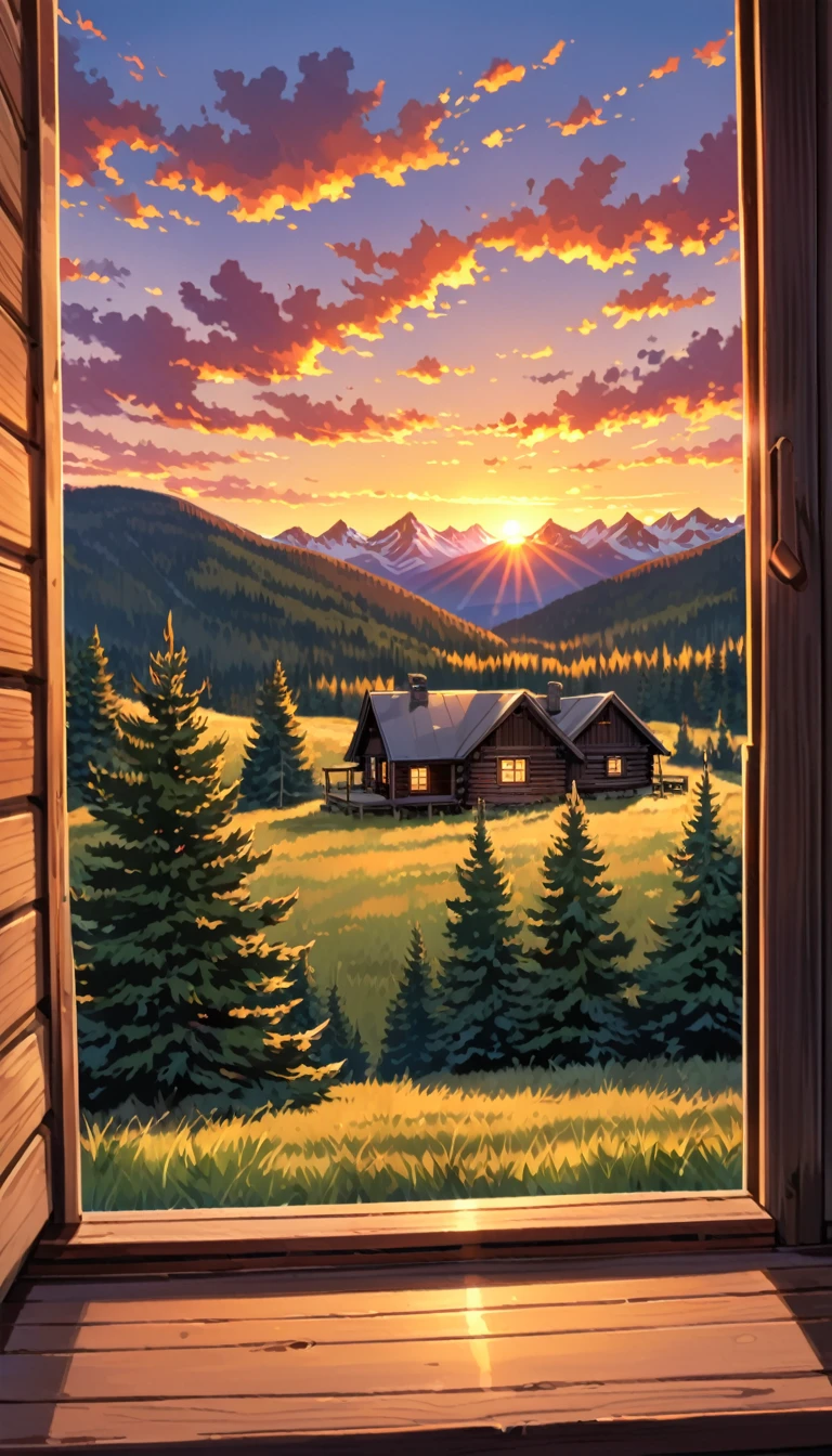 POV: Seeing the sunset behind mountains from a cabin window.