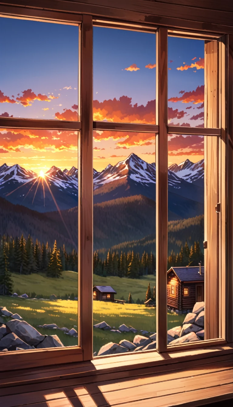 POV: Seeing the sunset behind mountains from a cabin window.