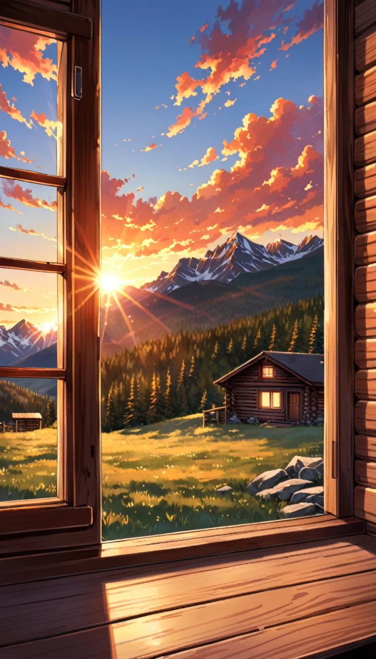 POV: Seeing the sunset behind mountains from a cabin window.
