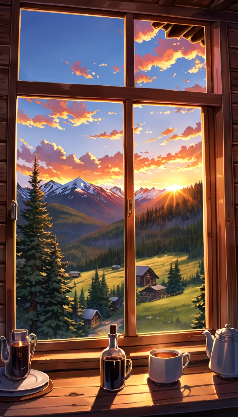 POV: Seeing the sunset behind mountains from a cabin window.