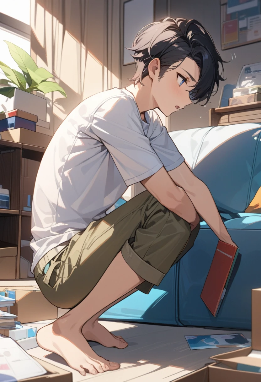 masterpiece, best quality, extremely detailed, ultra detailed, flat anime, 2D,
((1boy)),black hair, (short hair:1.5),blue eyes, height 1.7meters,  (circle eyes:1.2),  (young adult:1.2), Ear-length sideburns,
long Sleeves, White T-shirt, barefoot, ((short sleeves)), ((long pants)),
squatting, looking away, expressionless,open mouth, full body,from side,
summer, 12AM, livingroom,organizing the boxes., I'm looking at the material in my hand.