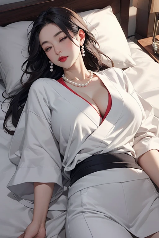 Beautiful mature Japanese woman aged 55, Long eyelashes, Super long hair, Red lipstick, Pearl Necklace, Earrings, Dark eyeshadow, Large Breasts, Big Breasts, Cleavage, one piece, Lying on pasture, Sleep on your back, Sleep with big letters