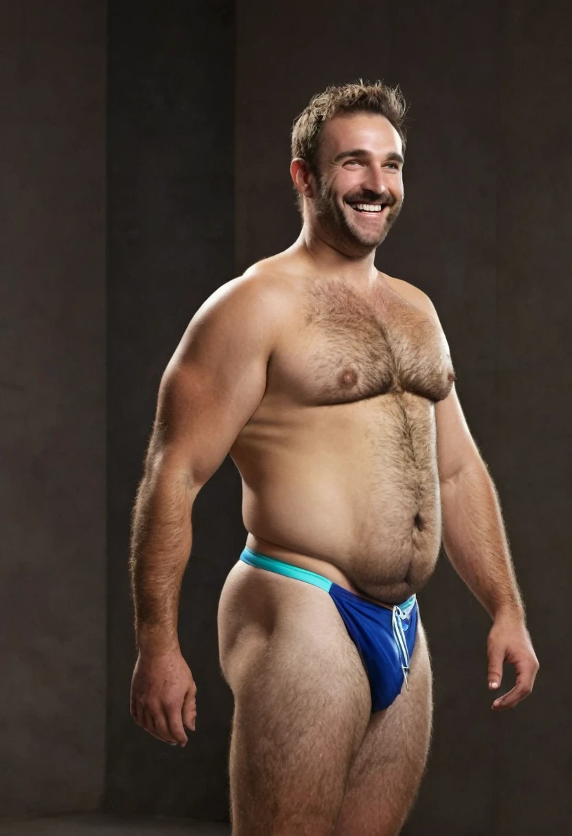Male, nice smile, hairy, speedo, big prominent belly, big bulged and bloated belly, swollen tummy, muscular, tall