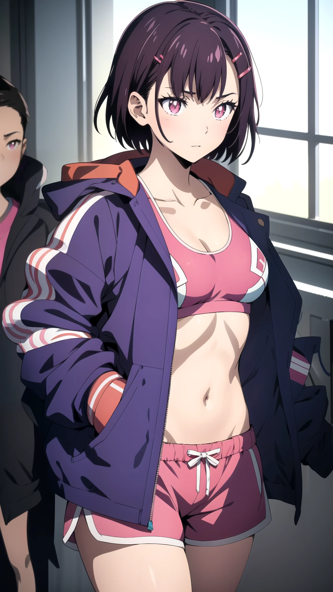 (masterpiece, best quality), intricate details, shizukazom100, 1girl, short hair, dark purple hair, bangs, hair ornament, hairclip, pink eyes, white pupils, medium breasts, collarbone, blue jacket, sports bra, navel, midriff, pink shorts, dynamic pose, 