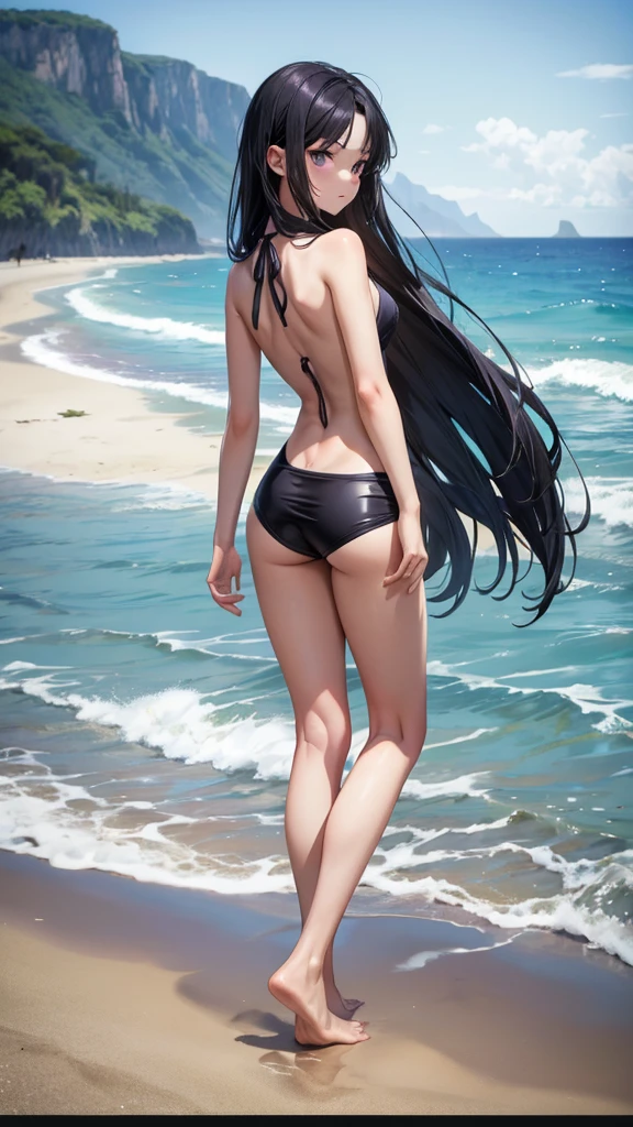 Twelve-year-old girl with long straight black hair,Bare arms,purple swimsuit,Turn around,Backless,Hips,Bare Legs,barefoot,Standing,beach