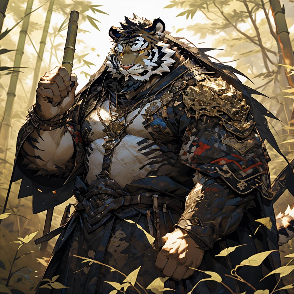 白色皮肤tiger),(黑白阴阳General战袍),Holding a long sword,坚Strong姿态,Stand calmly,(The background is a dark forest,Full of bamboo:1.2),abdominal muscles,Heroic Stance飒爽,完美的masterpiece,Various facial details,Perspective from a distance,specific description,masterpiece,CG,(Golden Eyes),Black and white pattern,Crimson Tail,General,Heroic Stance,tiger,Black and white fur,Specific facial details,Half Body,(黑白阴阳General战履),(Chang Ling),((middle aged)),(Face Focus),(16K),HD,Black and white belly,wilderness,beard,(Noodle),Different students,(Black and white yin and yang shirt),(Black and white hair),Strong,muscle,(high resolution:1.3),(Standing deep in the desolate bamboo forest),(close up),(Delicate face:1.5),Perfect details,(Half Body),(Facial details:1.5),(Zoom in on the face:1.5),(白色Noodle:1.2),(黑色beard:1.3),(white face;1.6),White body
