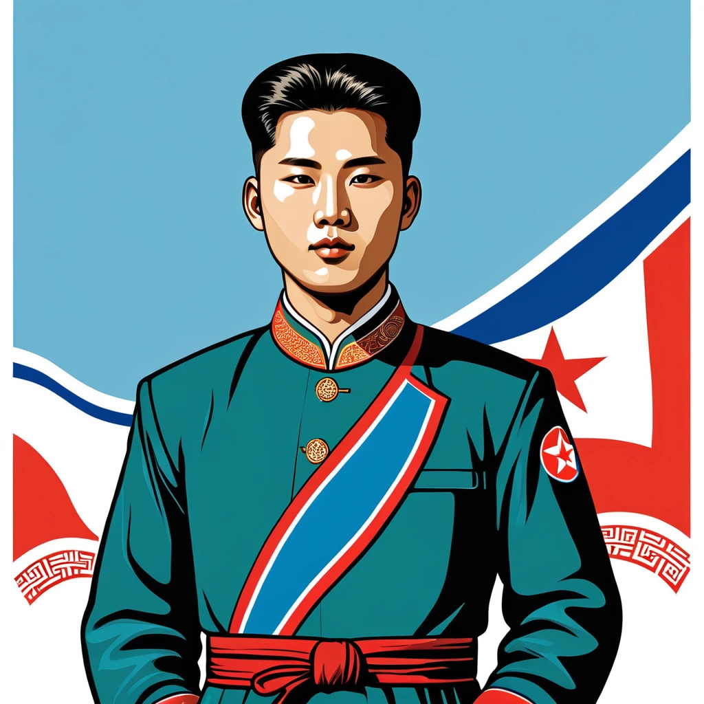 man in north korea folk outfit, vector graphics, strong contours
