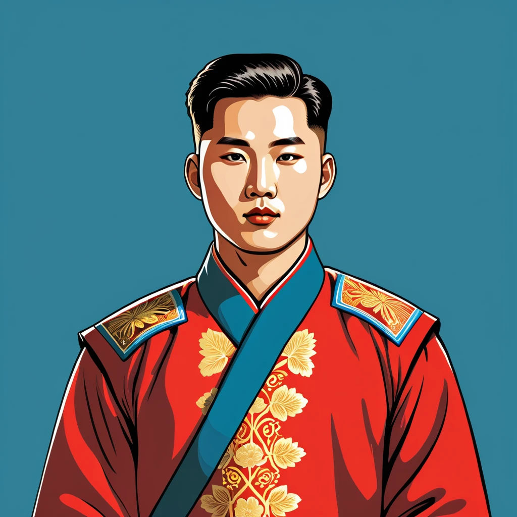 man in north korea folk outfit, vector graphics, strong contours
