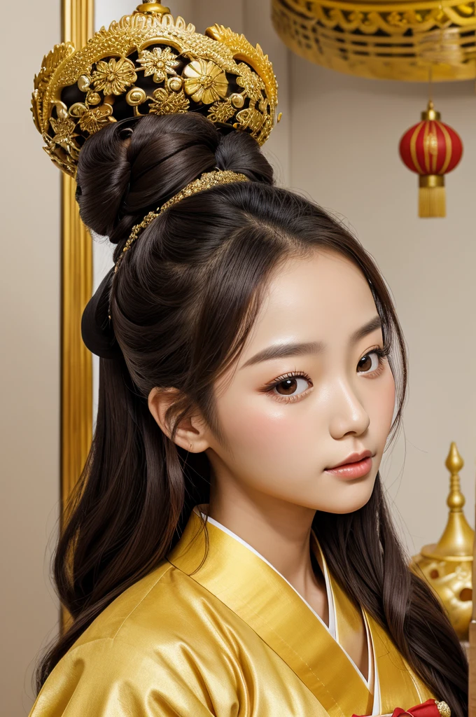 *painting of a beautiful princess in a traditional korean hanbok, her hair is in a knot on top of her head held together by a large golden ornament,*