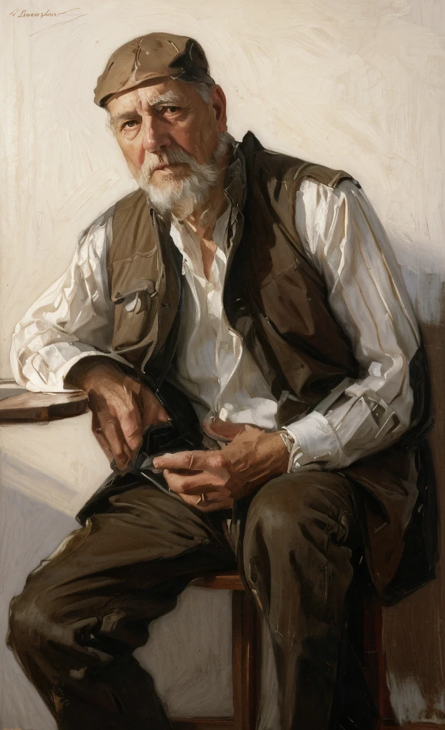 Oil painting of an old man ((best work of art)) ((very contrasted image)) ((White background)) dark blue vest, Brown hair, modern, jeans, current white background, Nick Alm, by Andrea Pozzo, Jeremy Lipking, range murata Jeremy Lipking, by Carlo Mense, inspired by Enrique Simonet, sargento marshénnikov, by Michael Ford, krenzcushart, Jeremy Lipking full length shot, by Josep Rovira Soler