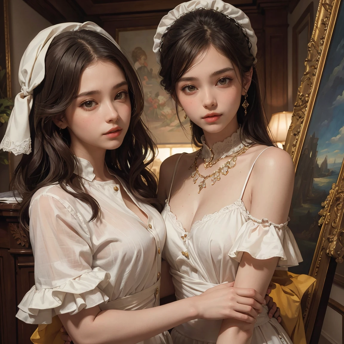 young woman, Olhar Telescope, (masterpiece), (HighestQuali), two girls is deeply in love with each other, kiss, Paint oil, Realistic oil painting, bust, clear details, high realism, clothing style of the era, (perfect anatomy)