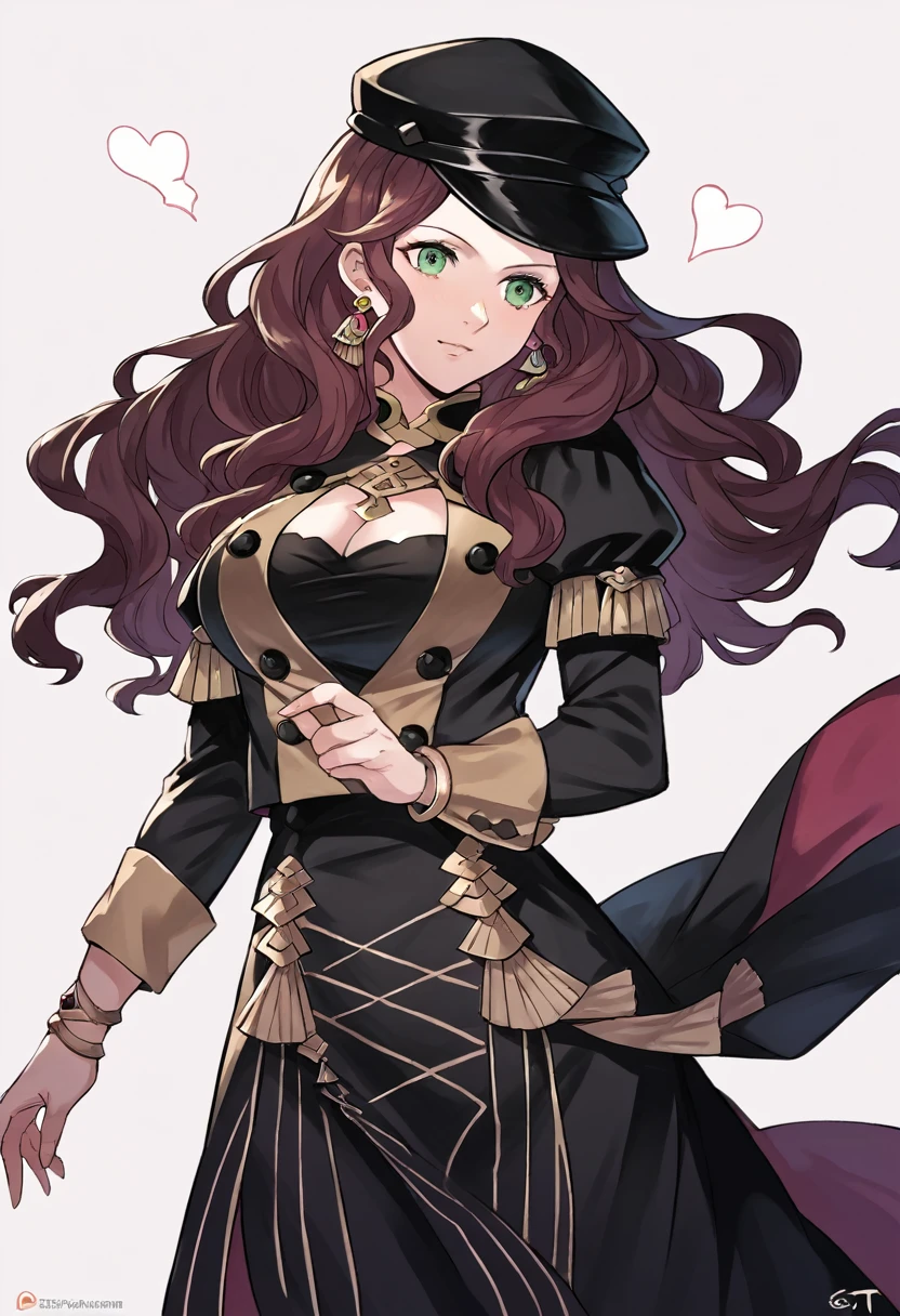 score_9, score_8_up, score_7_up, source_anime, Dorothea (Fire Emblem), mldortgm, black headwear, black skirt, (black uniform), brown hair, dangle earrings, gold trim, green eyes, jewelry, large breasts, long hair, black peaked cap, black hat