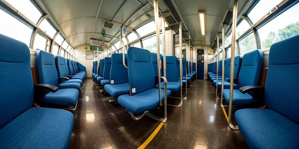 Equirectangular 360-degree panorama view photo with left and right ends seamlessly connected. in a train, blue fabric seat on both sides, hanging strap