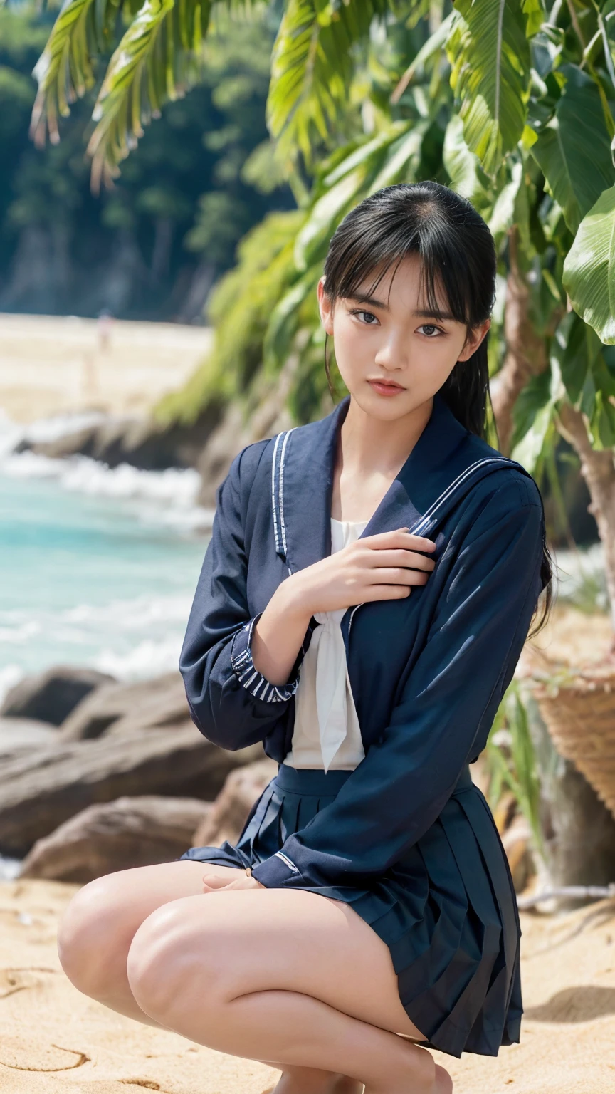 (((Top-down configuration:1.33)))、((No underwear:1.55))、One Girl、Beautiful and detailed eyes and face、barefoot、20 year old cute Japan woman, ((Extremely precise and accurate anatomy:1.0)), (photo Realistic:1.4), (hyper Realistic:1.4), (最高品質のRealisticな肌の質感:1.4), (Improvement of quality:1.4), (Enhances the beauty of skin texture:1.1), Clean and glowing skin, mesh, thin:1.2, (Realistic:1.3), Realisticなライティング, (Smoother lighting:1.05), (Improving the quality of cinema lighting:0.9), Backlight, A gentle light on your face, Ray Tracing, (Bright light:1.2), 32k, One Japanese woman, fine grain, Detailed face, (Film Grain:1.1),(Accentuates body lines:1.1), High resolution, Natural look, Kind eyes, Improves hair quality, Delicate light and shadow, Transparent muscles, Graceful pose, Beautiful Eyes, Sharp details, Soft light reflection, Beautiful contours, Delicate skin tone, Fine hair texture, Natural background, (((sunny day、Beach、A strong wind is blowing、Her hair and skirt are flying、Squat, Traditional navy blue sailor uniform、Open shirt、Pleated skirt、Scooping seawater with hands:1.25、splash、Sandy Beach、Light of the sun、clear blue sea、The waves crash quietly、Blue sky and white clouds、green mountain々、Beautiful Nature、The joys of youth)))、