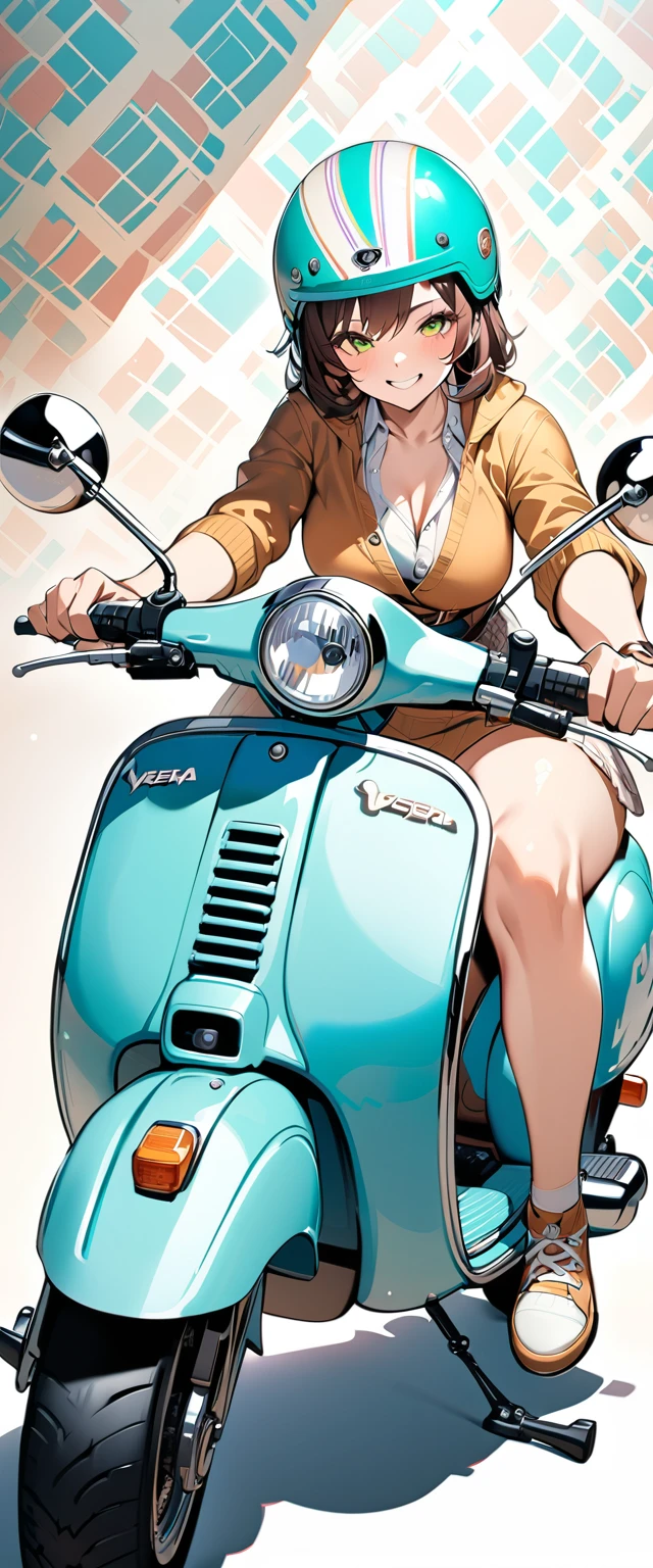 (masterpiece),(Highest quality:1.2),(Super detailed),(High resolution),(Highest quality),An illustration,8k,wallpaper,One female,Woman riding a green Vespa,(smile),Retro helmet,Stylish clothing,Detailed hands,Beautiful female hands,(Hand,detailed,perfect,perfection,hands)
