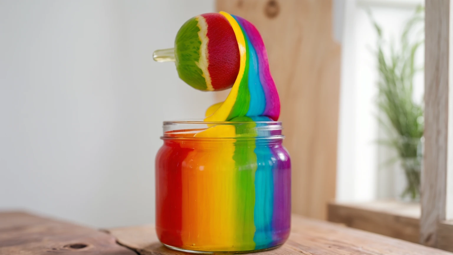 on a wooden table, there's a jar with rainbow cream inside, ice cream (sphere) red white and green, ice cream на деревянной палочке окунули в радужный крем, rainbow cream drips, against the background of the kitchen, against the background of the window, contour light, Multiple light sources, beautiful lighting, Bright light source, bright lighting, beautiful light sources, Multiple light sources, Realistic style , realistic texture, detailed texture, a high resolution, high quality, ultra hd 4k