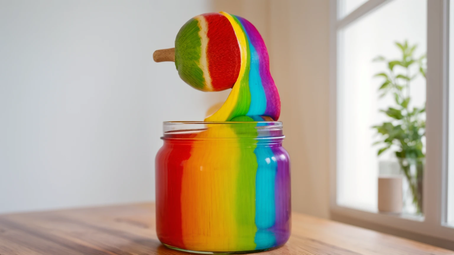 on a wooden table, there's a jar with rainbow cream inside, ice cream (sphere) red white and green, ice cream на деревянной палочке окунули в радужный крем, rainbow cream drips, against the background of the kitchen, against the background of the window, contour light, Multiple light sources, beautiful lighting, Bright light source, bright lighting, beautiful light sources, Multiple light sources, Realistic style , realistic texture, detailed texture, a high resolution, high quality, ultra hd 4k