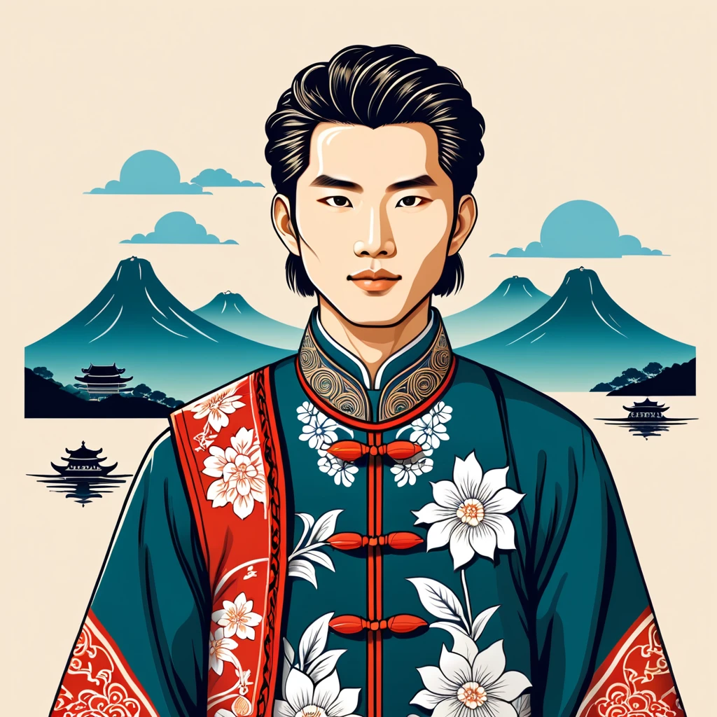 man in taiwan folk outfit, vector graphics, strong contours