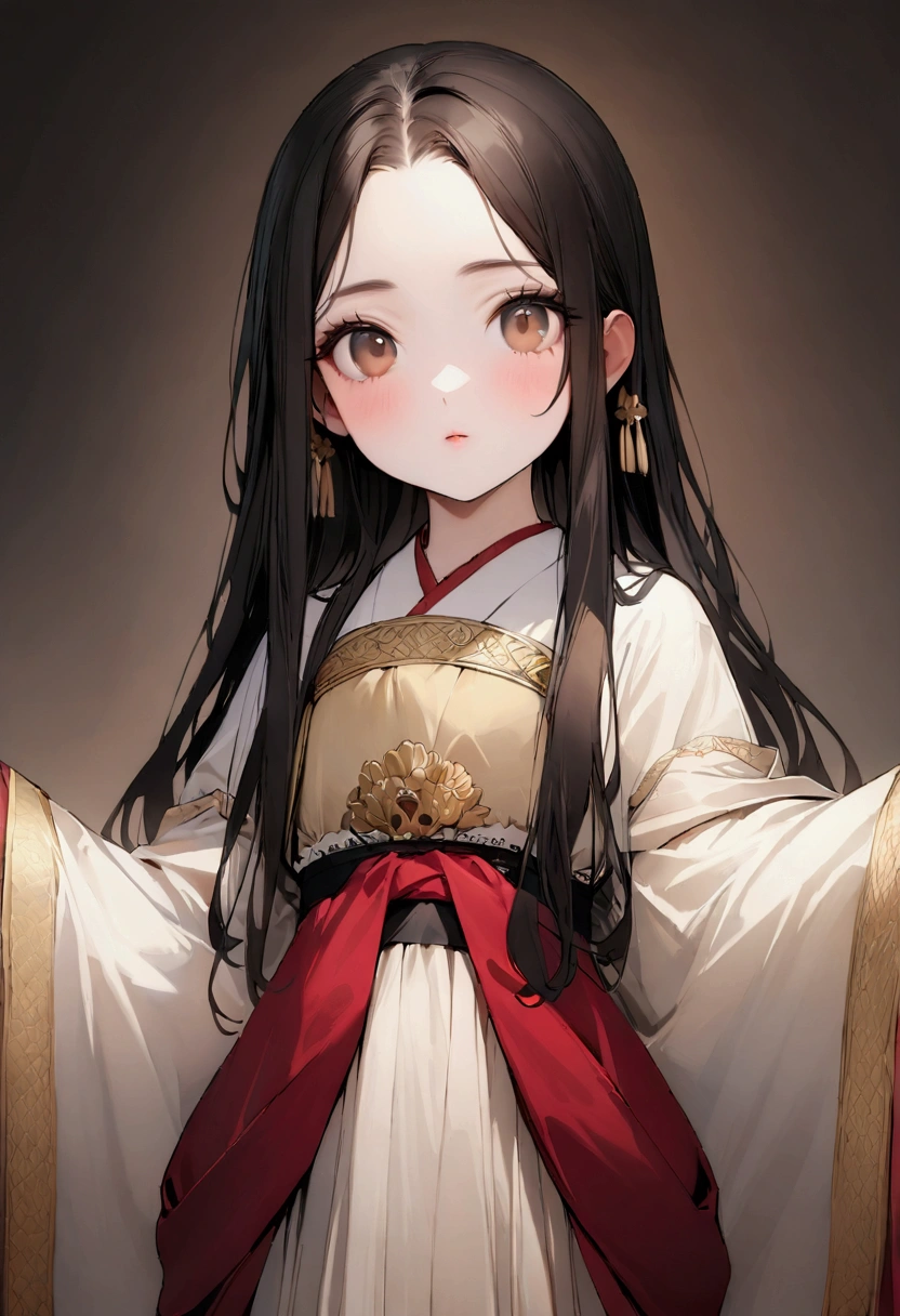 Best image quality、8k、masterpiece:1.3))、Realistic high-quality photos、Highest quality、 Beautiful face、Photos of slim models、Beautiful girl model、Young and pretty face、Beautiful model girl、A lovely and delicate face、Black Hair、Beautiful brown eyes、Young Body、Hanfu, (emphasize)、from the front、Camera gaze,、Anatomically correct、胸の谷間をemphasize、whole body、13-year-old female model