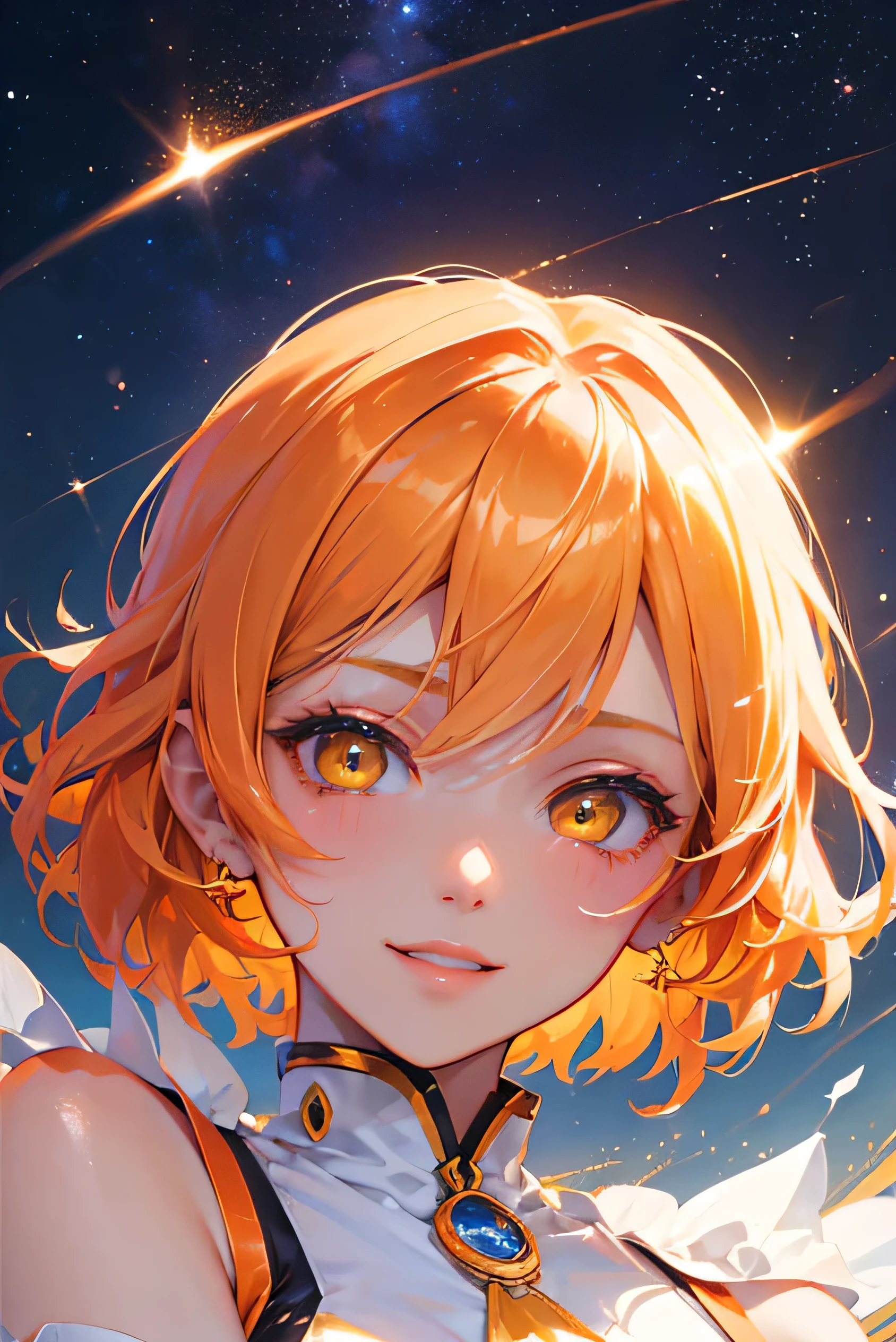 Beautiful adult woman、((Orange short hair))(Yellow Eyes))、Face close-up、smile、Sheryl Nome style、Cosmo、universe