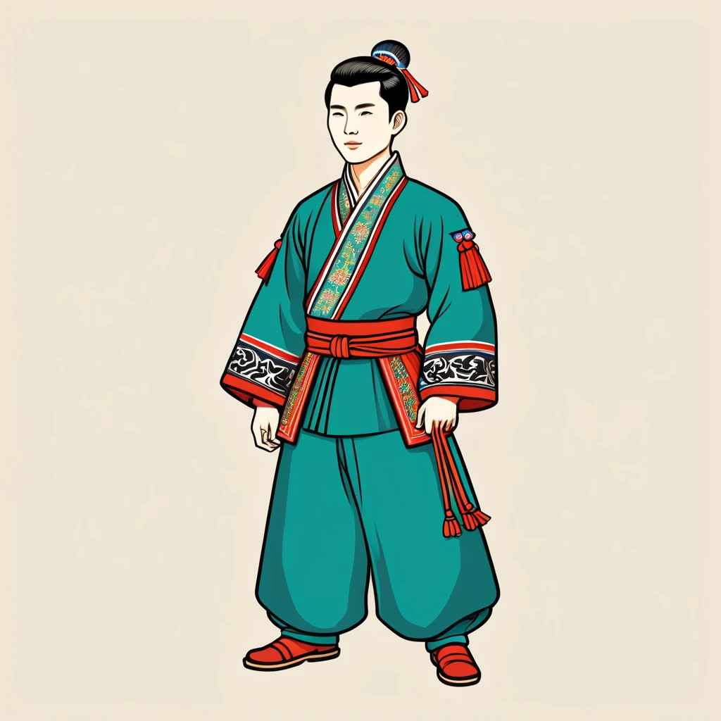 man in taiwan folk outfit, vector graphics, strong contours
