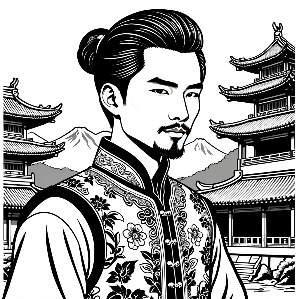 man in taiwan folk outfit, vector graphics, strong contours
