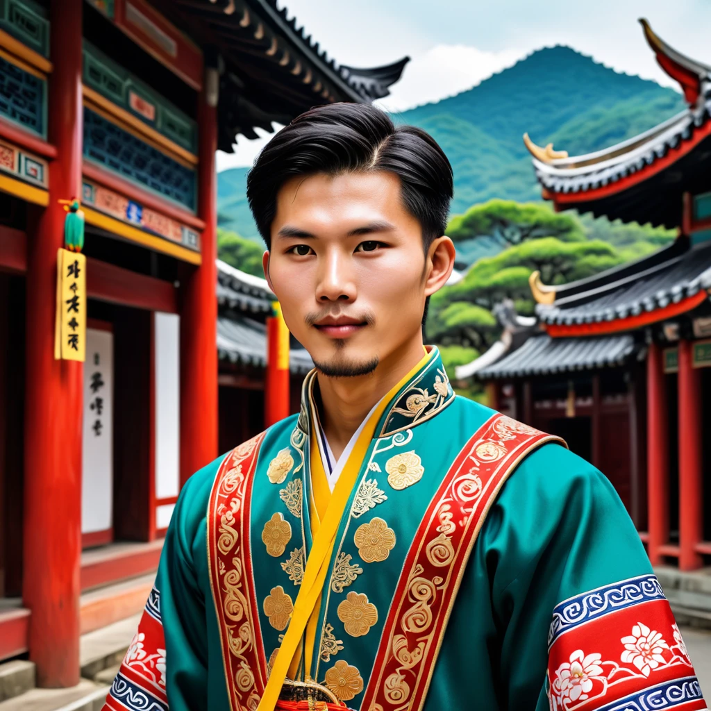 man in taiwan folk outfit, vector graphics, strong contours