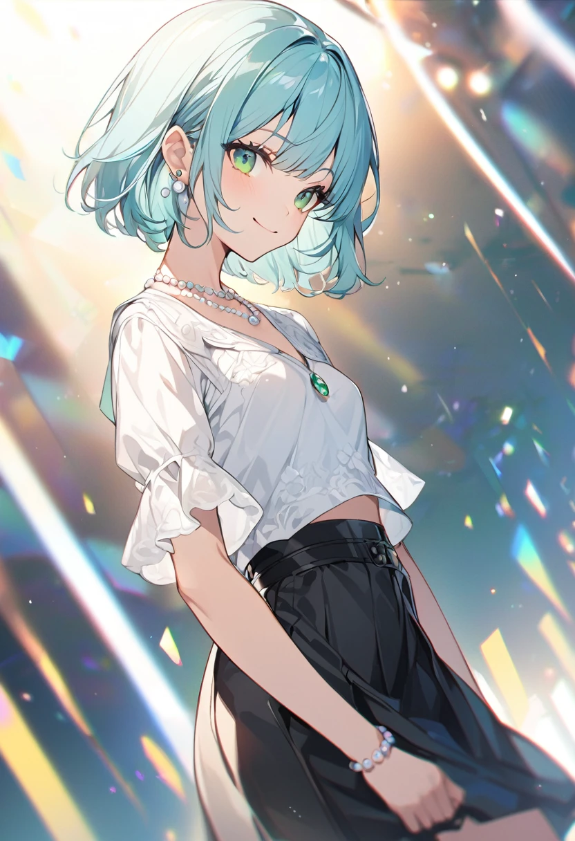 Light blue hair、Short Bob、Deep green eyes、Small breasts、Age 25、White short sleeve blouse、Black tight skirt、Pearl Pendant、Pearl Earrings、smile、Side Shot