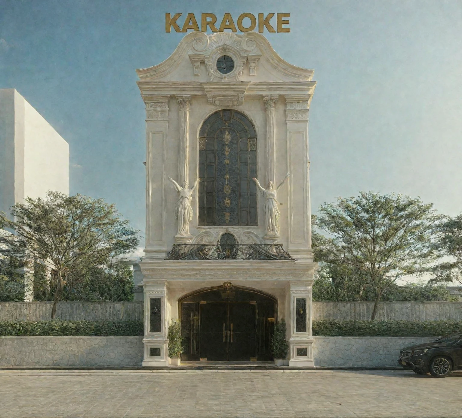 there is a drawing of a building with a sign on it, a digital rendering, * * *, digital rendering, background art deco palace, official artwork, kda, 2 0 5 6 x 2 0 5 6, neoclassical architecture, highly rendered!!, stone, artists impression, king, neoclassical tower with dome, artwork of a building, neo - classical style