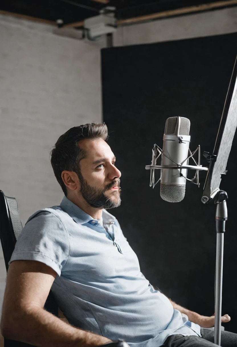 Man sitting in studio mike near him talking