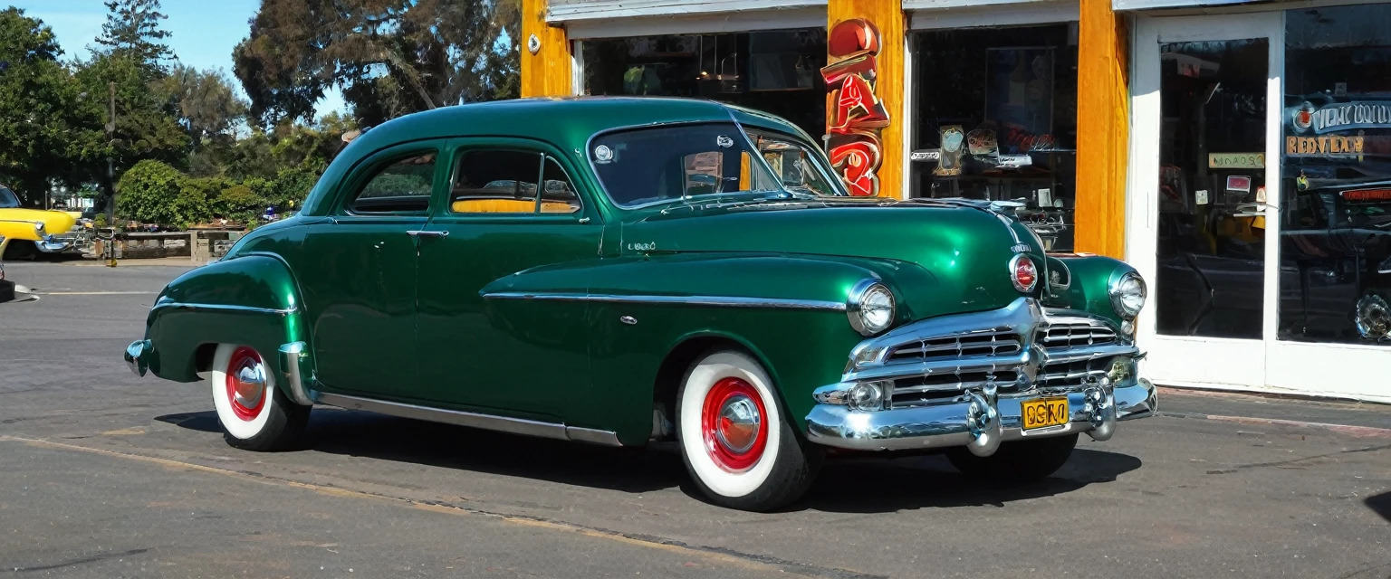 1952 Dodgel Kingsway, STAR WHEEL, WIDE WHEEL, British racing green COLOR, LIGHTED HEADLIGHTS, DARK WINDOWS, parked outside of a milk bart