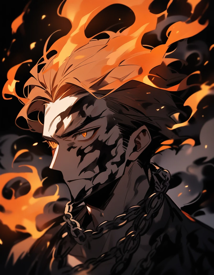 close-up of a man with fire on his face on a black background in smoke with chains