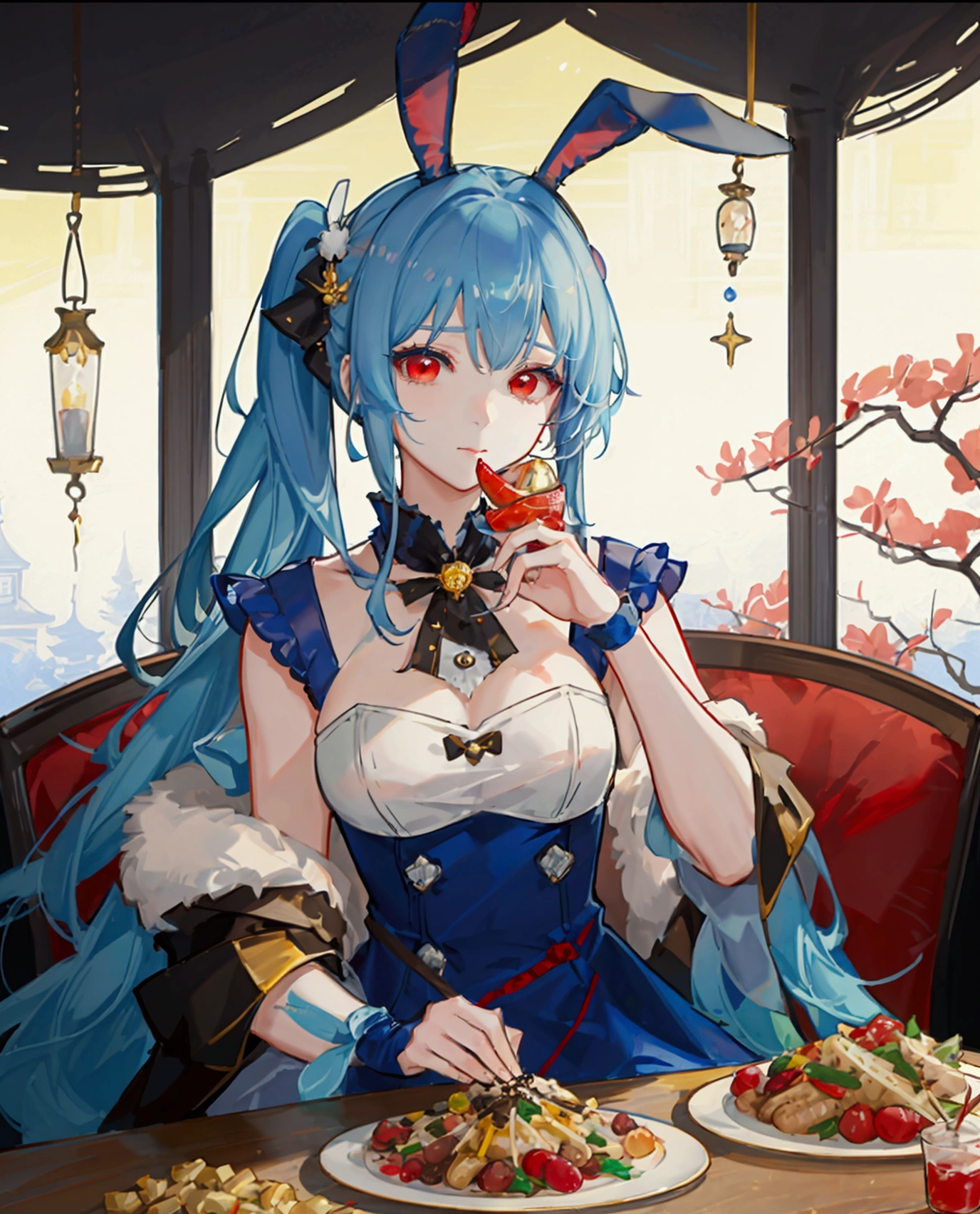 ((최고의 품질)), ((걸작)), (상세한), 여자 1명,Create an anime-style digital artwork of a character with long, blue hair tied into twin tails with bangs, and bright red eyes. The character has rabbit ears and is wearing a stylish party dress. The setting is a grand feast, with the character sitting in front of a table full of delicious food. The scene should convey a festive and luxurious atmosphere.