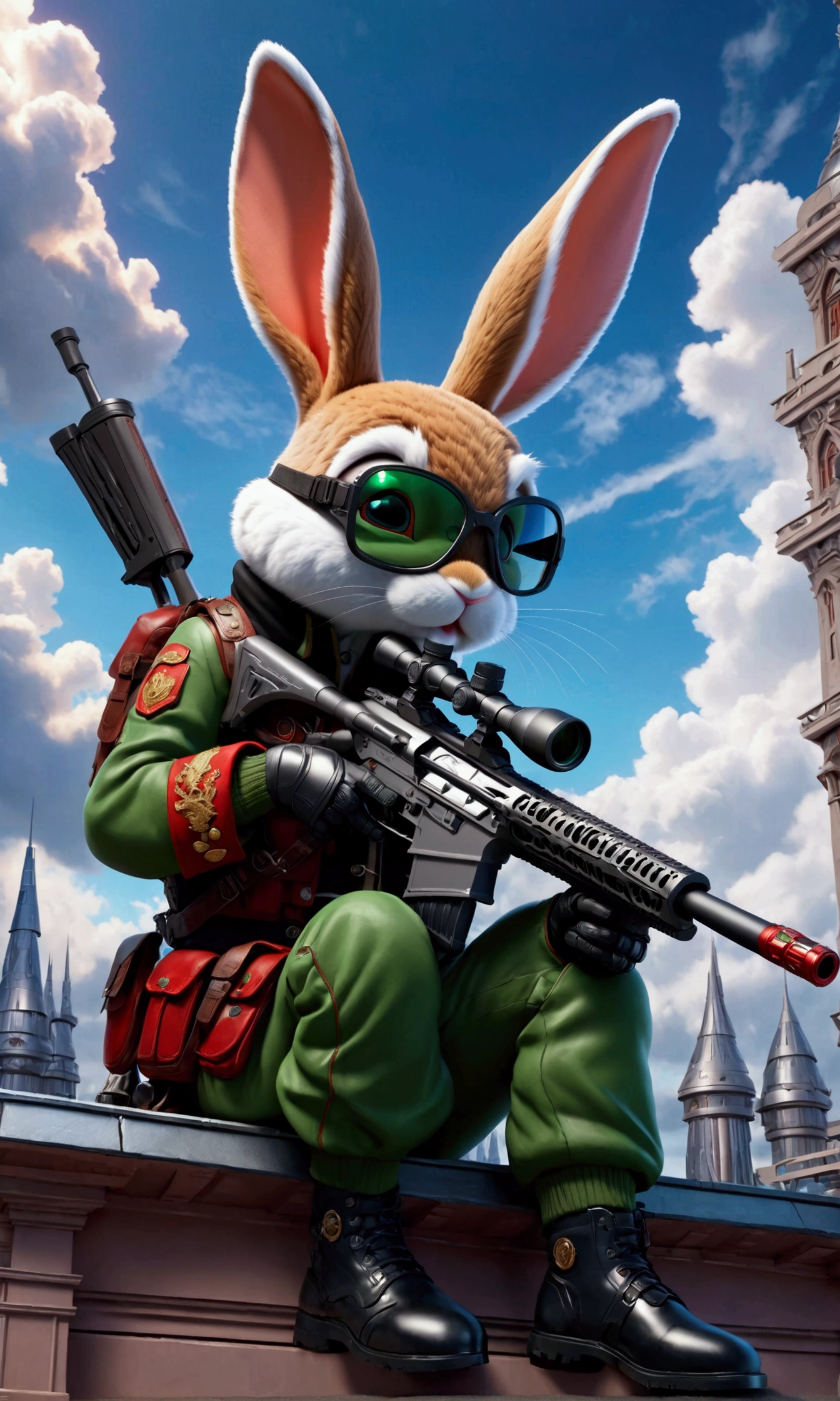 (Close-up of anthropomorphic bunny sitting on edge of roof and aiming with elite sniper rifle:1.3), (rifle has ornate red handle:1.1), (stylish high-neck military jacket:1.1), green-black clothes, (leather gloves, cool glasses and boots:1.1), (pants with pockets:1.2), (background is futuristic towers:1.1), (beautiful cloudy twilight:1.2), (futuristic architecture with intricate otherworldly design:1.2), bright colors, masterpiece in maximum 16K resolution, best quality, ultra detailed, aesthetics, absurdes.
