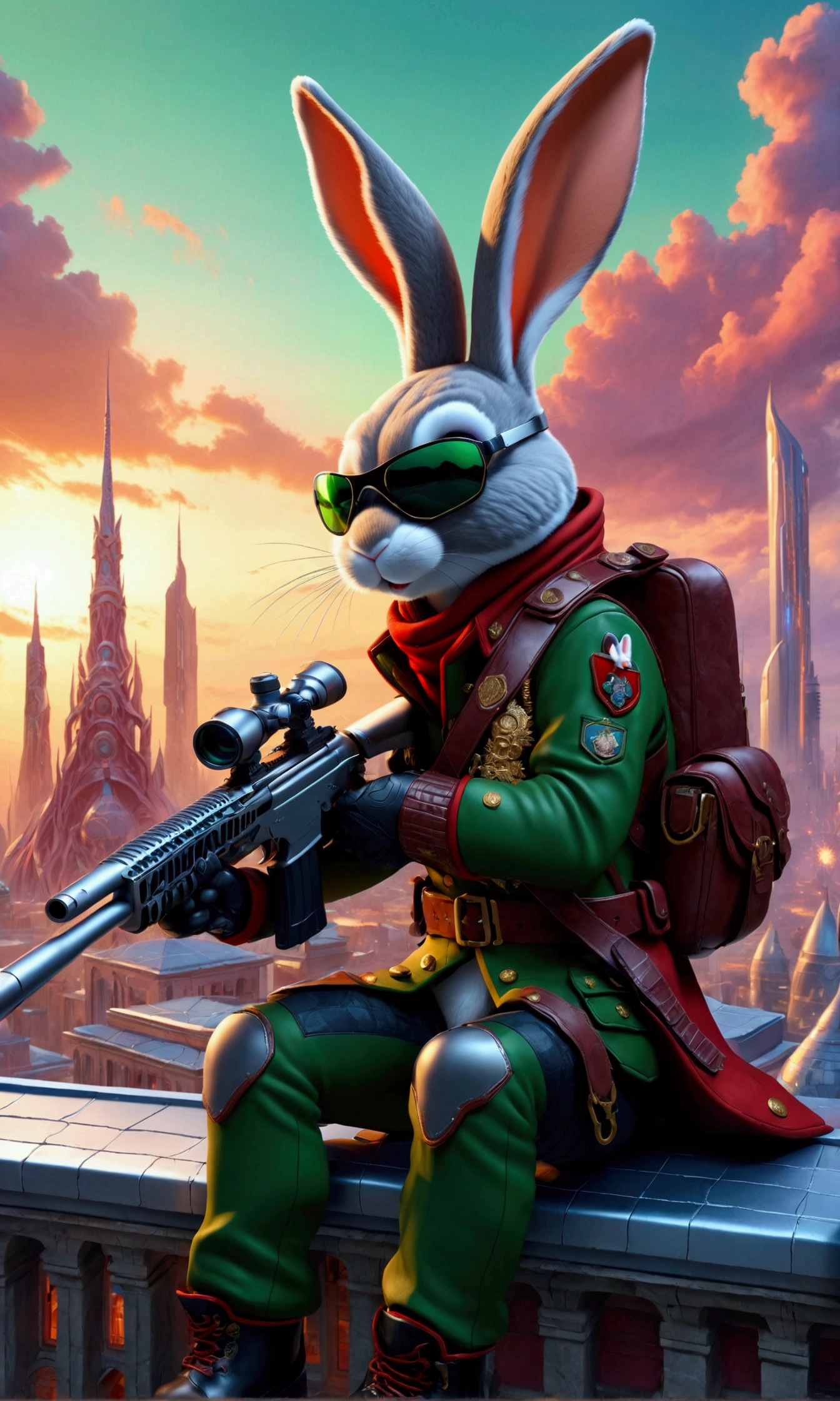 (Close-up of anthropomorphic bunny sitting on edge of roof and aiming with elite sniper rifle:1.3), (rifle has ornate golden handle:1.1), (stylish high-neck military jacket:1.1), white-pink clothes, (leather gloves, cool glasses:1.1), (pants with pockets:1.2), (background is futuristic crystal towers:1.1), (beautiful romantic cloudy twilight:1.2), (futuristic architecture with intricate otherworldly design:1.2), bright colors, masterpiece in maximum 16K resolution, best quality, ultra detailed, aesthetics, absurdes.
