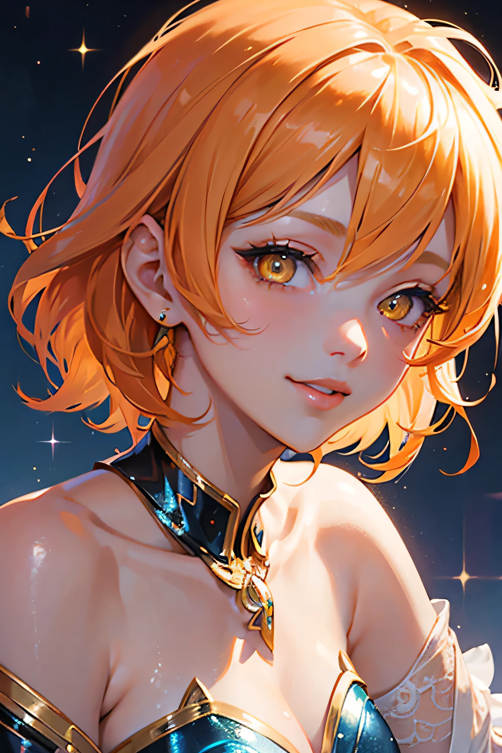 Beautiful adult woman、((Orange short hair))(Yellow Eyes))、Face close-up、smile、Sheryl Nome style、Cosmo、universe