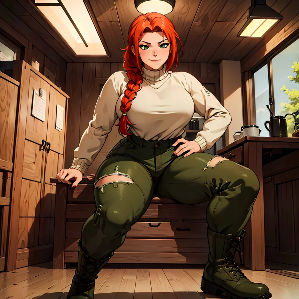 (best quality,4k,8k,highres,masterpiece:1.2),ultra-detailed,realistic:1.37,portrait,  very sexy  girl lesbian redhead, braided hair, beautiful green eyes, seductive, warm sweater, camouflage pants, army boots, smirking, cozy lighting, vibrant colors. Futanari, lewd,    night, crotesc ,