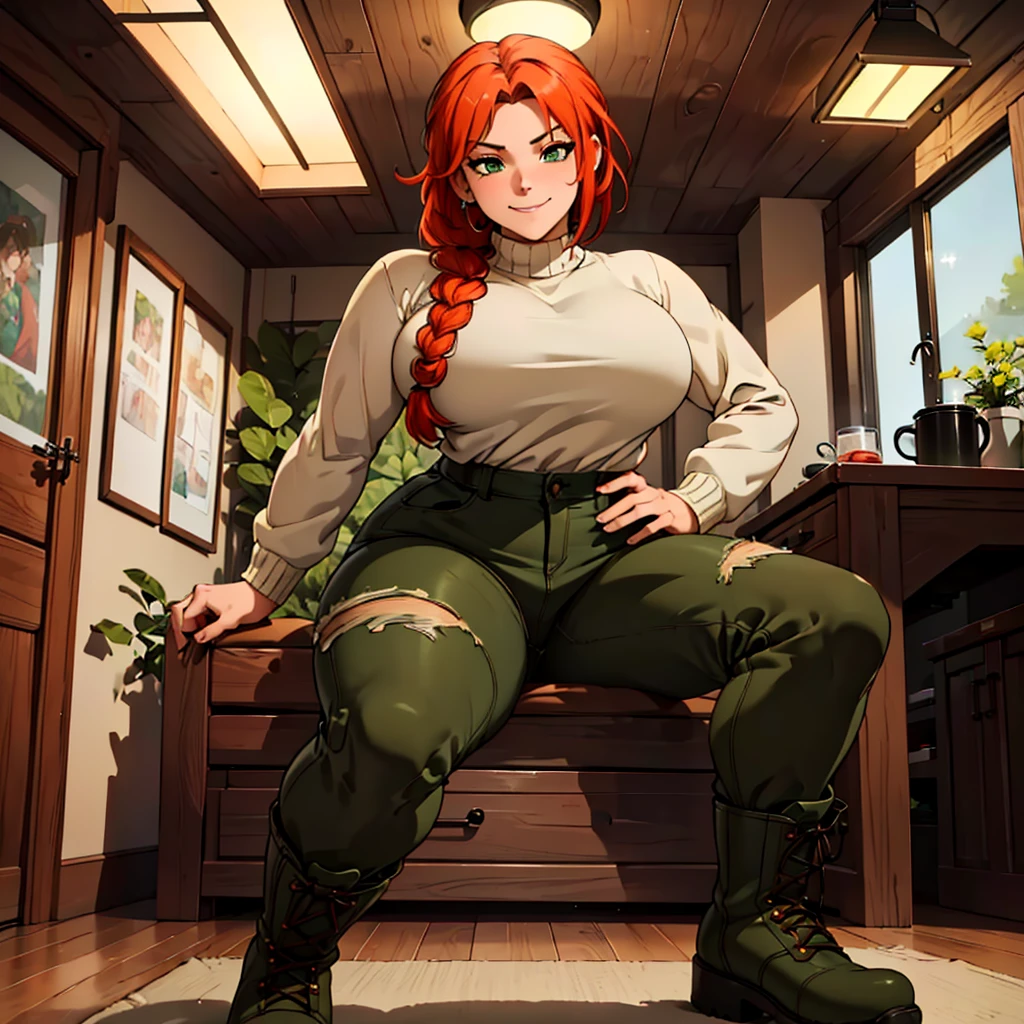 (best quality,4k,8k,highres,masterpiece:1.2),ultra-detailed,realistic:1.37,portrait,  very sexy  girl lesbian redhead, braided hair, beautiful green eyes, seductive, warm sweater, camouflage pants, army boots, smirking, cozy lighting, vibrant colors. Futanari, lewd,    night, crotesc ,