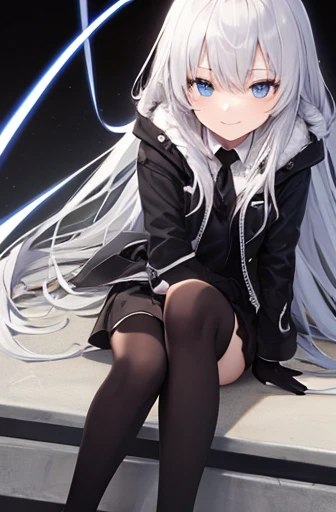 girl, black jacket , black gloves, Little smile, long white hair, short black skirt, blue eyes, Long black stockings. sitting,(white light in the background, black background, road)