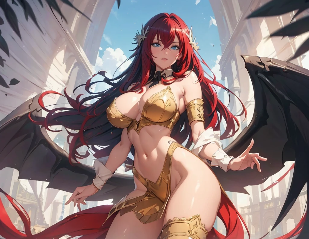 ((1girl, solo)), ((rias gremory)), black wings, low wings, demon wings, beautiful body, (perfect anatomy, perfect body, perfect hands, perfect legs), nice hands, natural proportions, sexy body, (large breasts:1.3) BREAK
((extremely detailed face)), (blue eyes:1.2), (beautiful detailed eyes:1.6), (realistic pupils, realistic iris:1), expressive eyes, ((looking at viewer)), (clear eyes:1.3), (hyperrealistic:1.2), (detailed skin texture:1.2), smooth skin, (red hair:1.5), ahoge, long hair, hair between eyes, (detailed lips:1.2), (attractive lips:1.1), (glossy lips:1.1), ((smile)), parted lips, perfect face, perfect eyes BREAK
revealing clothes, bare shoulders, cleavage, detached collar, stomach, navel, pelvic curtain, groin, thighs, thighlet, armlet, gold trim BREAK
(masterpiece:1.5), anime-style, top quality, best quality, (beautiful and aesthetic:1.2), (ultra detail:1.5), Ultra-detailed depiction, Ultra-precise depiction, extremely detailed 8k illustration, high resolution, (highly detailed shading:1.2), (realistic lighting:1.4), perfect lighting, vibrant colors, dynamic tones, striking hues, 8k, absurd resolution, perfect shadows, hdr, UHD, ambient lighting, realistic, ultra-realistic, photo realistic, highly detailed, rich detail, luminous colors, fine texture, intricate design, professional illustration, (soft light:1.2), (illustration:0.7)