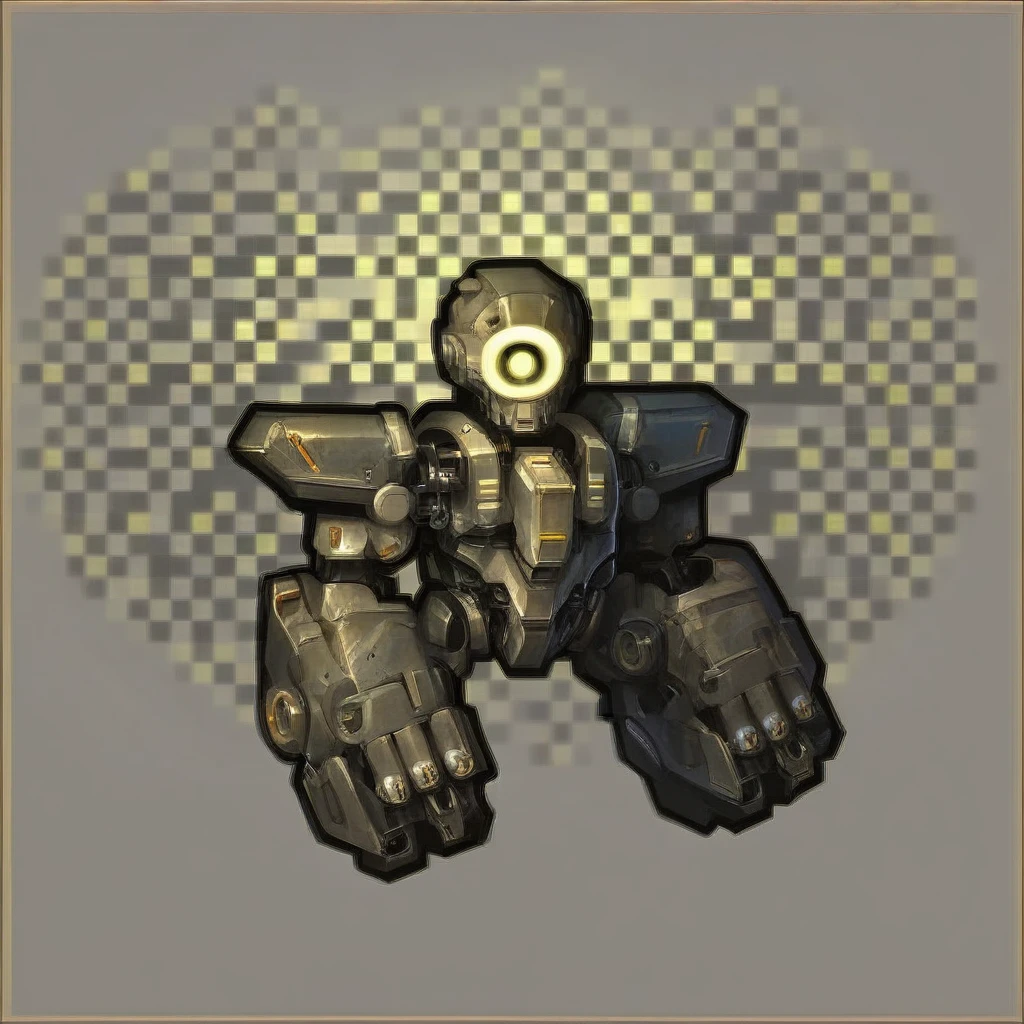 a chibi male cyborg, beautiful detailed eyes, beautiful detailed lips, extremely detailed face, hyper-detailed mechanical body, laser eye, arm transforms into a cannon, intricate machinery, advanced technology, neon-lit cyberpunk background, cinematic lighting, vibrant colors, 8k, high quality, digital art, concept art, masterpiece