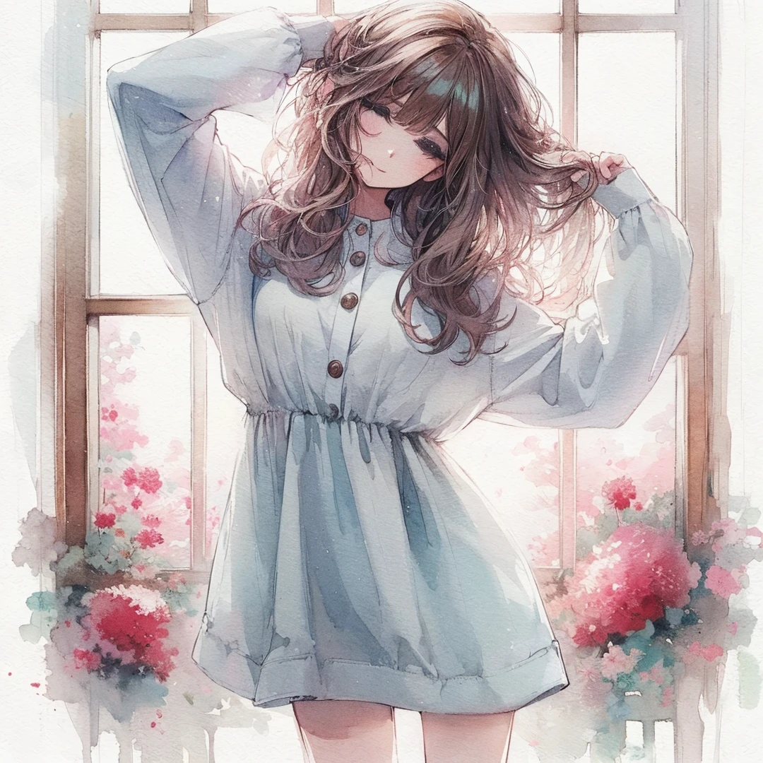Official art using high-quality hand-drawn watercolor sketch techniques. (best quality,4k,8k,highres,masterpiece:1.2),ultra-detailed,beautiful detailed closed eyes,A girl with beautiful eyes, everyone, beautiful anime girl, cute anime girl, smooth anime art, anime style, elegant colors, soft lighting, delicate beautiful closed eyes, very coquettish, (beautiful large breast:1.2), (correct hands:1.2),
