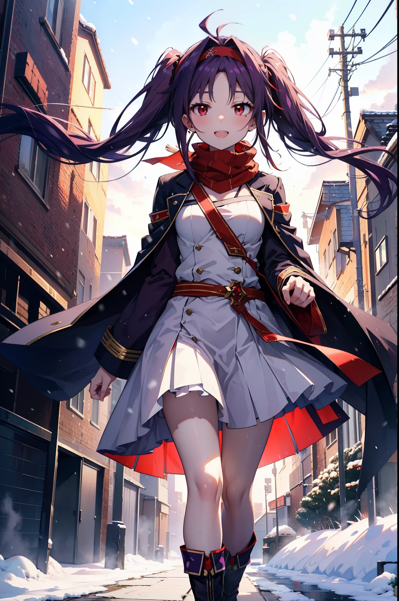 yuukikonno, Konno Yuuki, Long Hair, Pointed Ears, Purple Hair, (Red eyes:1.5), (Small breasts:1.2), Open your mouth,happy smile, smile, Open your mouth,hair band,low Twin tails red scarf,Purple long coat,V-neck sweater,Long skirt,short boots,snowが降っている,snowが降り積もっている,snow,snow,snow,snow,winter,Cold night,Walking,whole bodyがイラストに入るように,Looking down from above,
break looking at viewer, whole body,
break outdoors, In town,
break (masterpiece:1.2), Highest quality, High resolution, unity 8k wallpaper, (figure:0.8), (Beautiful attention to detail:1.6), Highly detailed face, Perfect lighting, Highly detailed CG, (Perfect hands, Perfect Anatomy),