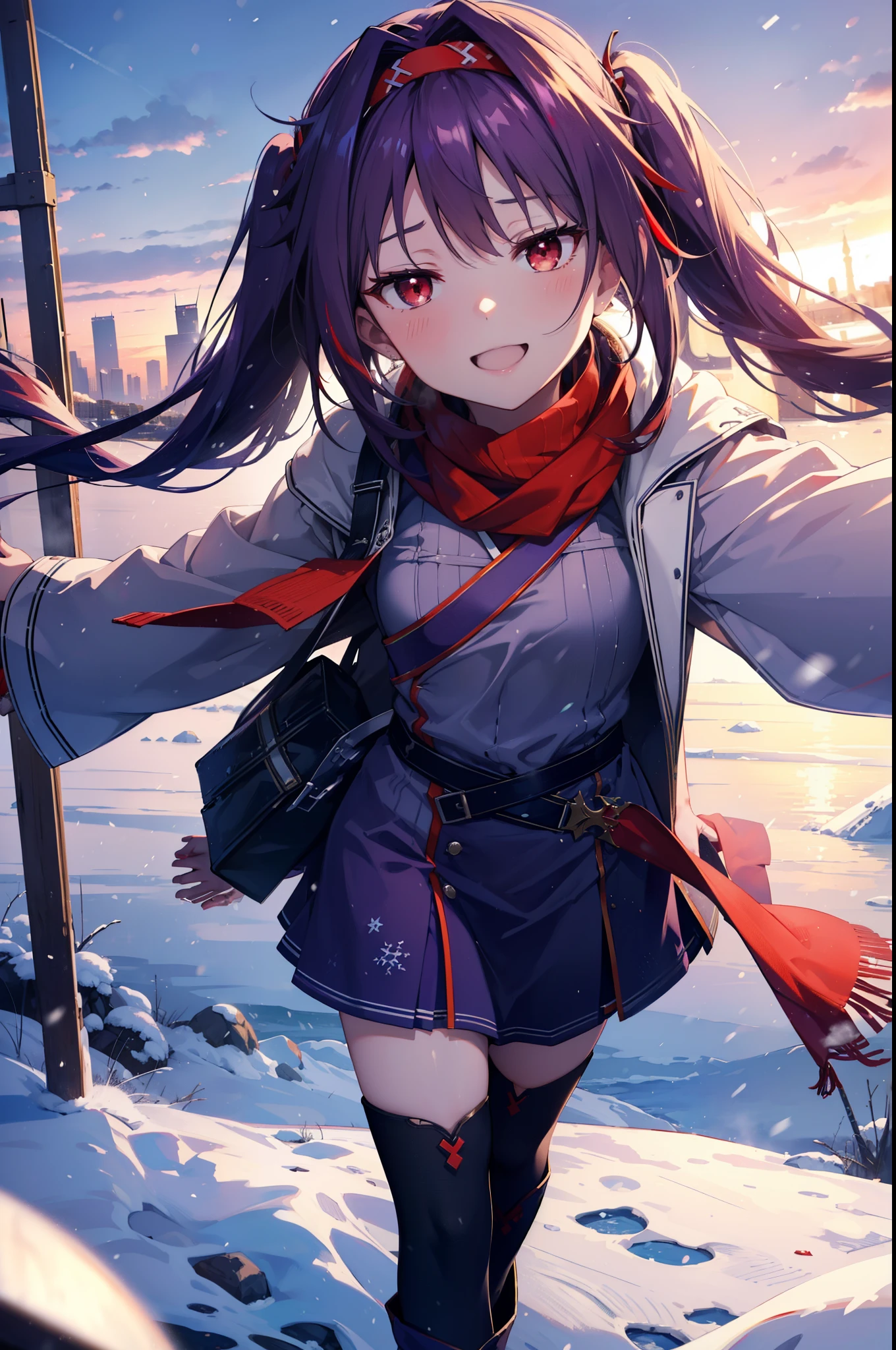 yuukikonno, Konno Yuuki, Long Hair, Pointed Ears, Purple Hair, (Red eyes:1.5), (Small breasts:1.2), Open your mouth,happy smile, smile, Open your mouth,hair band,low Twin tails red scarf,Purple long coat,V-neck sweater,Long skirt,short boots,snowが降っている,snowが降り積もっている,snow,snow,snow,snow,winter,Cold night,Walking,whole bodyがイラストに入るように,Looking down from above,
break looking at viewer, whole body,
break outdoors, In town,
break (masterpiece:1.2), Highest quality, High resolution, unity 8k wallpaper, (figure:0.8), (Beautiful attention to detail:1.6), Highly detailed face, Perfect lighting, Highly detailed CG, (Perfect hands, Perfect Anatomy),