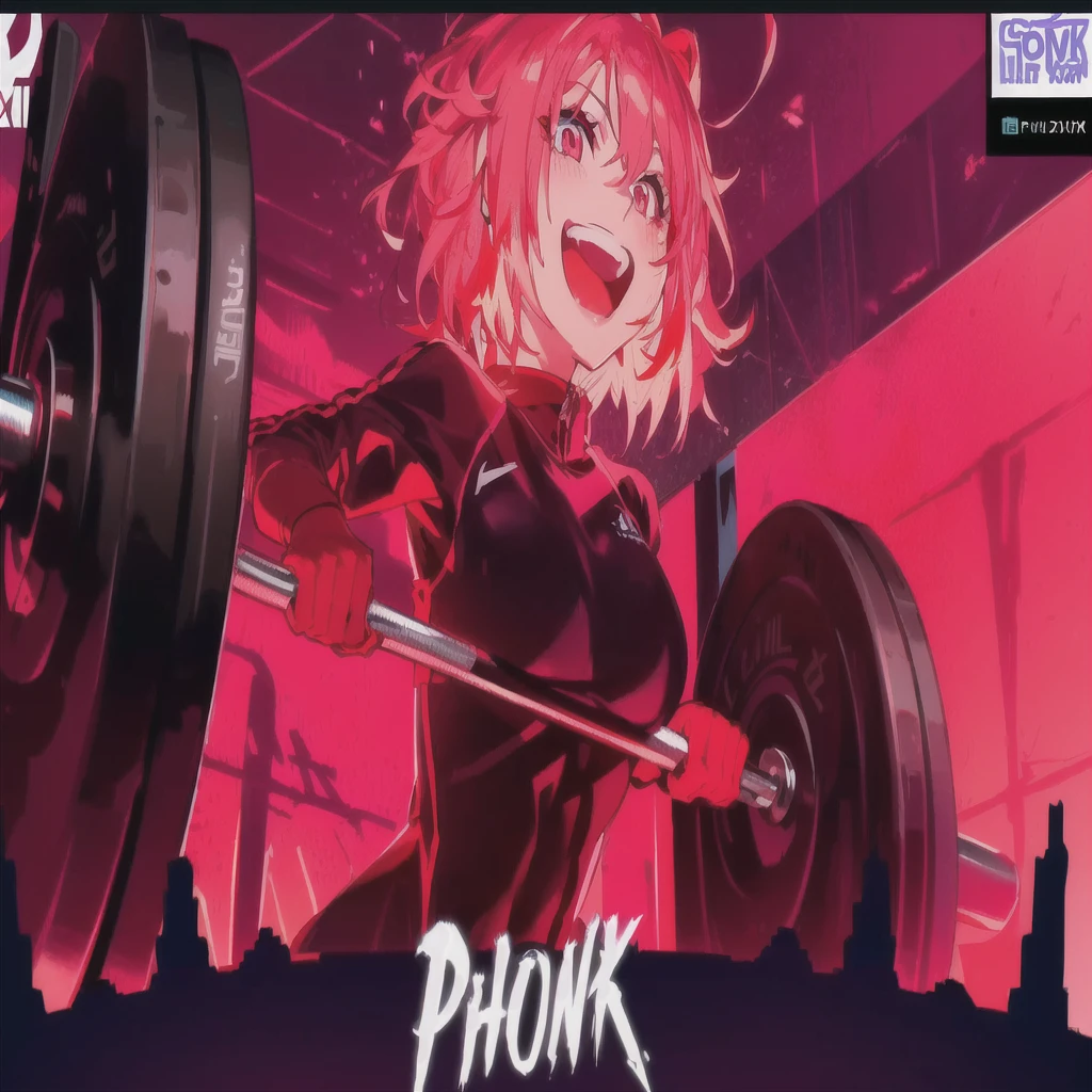 Arafed picture of a woman with a dumbbell in a gym, Phonk-Albumcover, Phonk Music Background, ultra phonk, Popular on Pixiv, pixiv, featured on pixiv, Trends on Pixiv, Top rated on pixiv, pixiv contest winner, at pixiv, Pixiv-Stil, Digital art on Pixiv