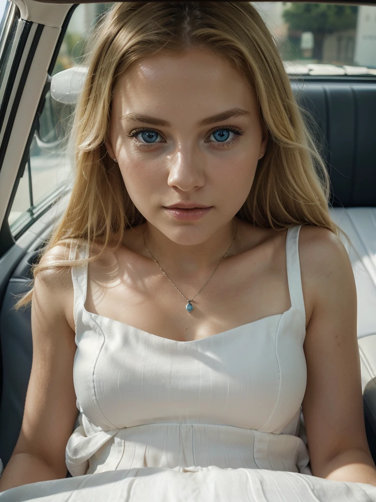 a beautiful blonde girl with blue eyes wearing a white dress, sitting inside a car, detailed facial features, realistic, photorealistic, 8k, high quality, intricate details, soft lighting, warm color tones, elegant, cinematic, masterpiece